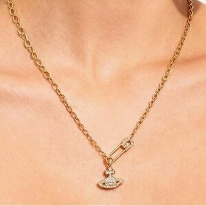 Repurposed Vivienne westwood Crystal saturn Safety Pin gold pendant necklace
